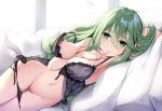  1girl 373012201 arm_behind_head arm_between_breasts armpits ass_visible_through_thighs babydoll bangs between_breasts black_babydoll black_panties bow breasts censored commentary_request date_a_live eyebrows_visible_through_hair finger_to_mouth frills green_eyes green_hair hair_between_eyes heart heart-shaped_pupils long_hair looking_at_viewer lying medium_breasts mosaic_censoring natsumi_(date_a_live) navel nipples on_bed on_side one_breast_out panties panty_pull petals pussy_juice shiny shiny_hair side-tie_panties smile solo stomach strap_slip symbol-shaped_pupils underwear 