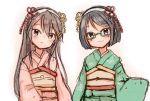  2girls black_eyes black_hair brown_eyes commentary_request cowboy_shot glasses green-framed_eyewear green_kimono hairband haruna_(kantai_collection) head_tilt japanese_clothes kantai_collection kimono kirishima_(kantai_collection) long_hair looking_at_viewer multiple_girls pink_kimono short_hair simple_background white_background white_hairband wss_(nicoseiga19993411) younger 