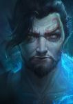  1boy absurdres beard black_hair blue_background blue_fire closed_mouth collarbone commentary dark demon_hanzo embers english_commentary eyebrows eyes face facial_hair facial_tattoo fire furrowed_eyebrows hanzo_(overwatch) heterochromia highres joo_yann_ang lips male_focus nose overwatch short_hair solo tattoo upper_body widow&#039;s_peak 