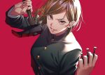  1girl bangs brown_eyes brown_hair commentary_request gakuran hair_behind_ear hammer holding holding_hammer holding_nail jujutsu_kaisen kugisaki_nobara looking_at_viewer parted_bangs parted_lips pink_nails red_background school_uniform short_hair smile tenobe 