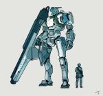  1boy dated grey_background gun highres holding holding_gun holding_weapon looking_ahead mecha moi_moi7 open_hand original police science_fiction visor weapon 