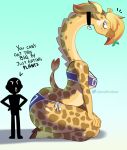  anthro bikini clothing dialogue digitigrade duo female giraffe giraffid hair hi_res hooves human lips male mammal multicolored_hair pink_lips skull_choker somescrub spots spotted_body swimwear two_tone_hair 