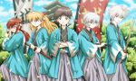  2boys 3girls amai_yadoraki ayanami_rei hakama haori highres ikari_shinji japanese_clothes katana kimono kyoto long_hair makinami_mari_illustrious multiple_boys multiple_girls nagisa_kaworu neon_genesis_evangelion police scarf shikinami_asuka_langley shinsengumi short_hair short_kimono sleeveless sleeveless_kimono sleeves souryuu_asuka_langley sword uniform weapon white_kimono white_scarf 