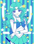  aqua_background aqua_skirt artist_name back_bow bishoujo_senshi_sailor_moon blue_background blue_bow bow breasts brooch choker circlet collarbone earrings elbow_gloves eyebrows_visible_through_hair gloves hand_on_own_cheek hoshikuzu_(milkyway792) jewelry kaiou_michiru leotard long_hair looking_at_viewer necklace neptune_symbol open_mouth outer_senshi pleated_skirt sailor_collar sailor_neptune sailor_senshi sailor_senshi_uniform signature skirt smile star_(symbol) starry_background striped striped_background wavy_hair white_gloves white_leotard 