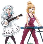  2girls absurdres bachunawa banjo blonde_hair blue_eyes breasts carole_&amp;_tuesday carole_stanley carole_stanley_(cosplay) cleavage cosplay crossover english_commentary gawr_gura highres hololive hololive_english instrument keyboard_(instrument) multiple_girls music open_mouth overalls playing_instrument sharp_teeth teeth tied_hair tuesday_simmons tuesday_simmons_(cosplay) two_side_up virtual_youtuber watson_amelia white_background white_hair 