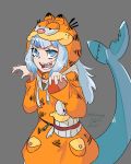  1girl absurdres artist_name bachunawa blue_eyes blue_hair cosplay dated english_commentary fish_tail garfield garfield_(character) garfield_(character)_(cosplay) gawr_gura grey_background highres hololive hololive_english open_hands pun shark_tail sharp_teeth solo tail teeth virtual_youtuber 