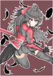  1girl ahoge bakuma bangs black_gloves black_hair breasts fingerless_gloves gloves graphite_(medium) hair_between_eyes highres holding holding_sword holding_weapon jewelry long_hair necklace raven_branwen red_eyes rwby skirt solo sword thighhighs traditional_media weapon 