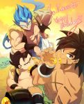  3boys abs bara bare_chest bare_shoulders belly blue_hair broly_(dragon_ball_super) character_request check_character chest chest_scar dragon_ball dragon_ball_super dragon_ball_super_broly dragon_ball_z eating fat fat_man fusion gogeta hand_on_hip happy_birthday honey long_hair male_focus multiple_boys muscle nipples ommmyoh scar shirtless sleeveless smirk spiked_hair super_saiyan super_saiyan_blue vegetto 