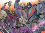  2boys alex_milne astrotrain blitzwing commission decepticon english_commentary goggles goggles_on_head holding holding_sword holding_weapon looking_at_viewer mecha multiple_boys no_humans red_eyes scowl sword the_transformers_(idw) transformers visor weapon 