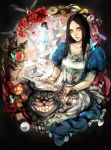  1girl alice:_madness_returns alice_(wonderland) alice_in_wonderland american_mcgee&#039;s_alice animal_ears apron black_hair cat_ears cheshire_cat closed_mouth dress green_eyes highres jewelry long_hair looking_at_viewer necklace open_mouth smile 