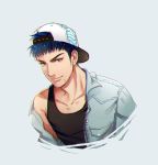  1boy backwards_hat bangs baseball_cap black_tank_top blue_hair closed_mouth commentary_request cropped_torso facial_scar grey_background grey_jacket hair_through_headwear hat jacket looking_at_viewer male_focus mitsui_hisashi moonjjj open_clothes open_jacket pectorals scar short_hair simple_background slam_dunk smile solo tank_top upper_body 
