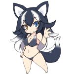 1girl animal_ears ass_visible_through_thighs bare_shoulders barefoot black_hair blue_eyes blush_stickers breasts chibi cleavage collarbone eyebrows_visible_through_hair fur_collar grey_wolf_(kemono_friends) heterochromia higetora_(higeusagi346) kemono_friends large_breasts long_hair looking_at_viewer multicolored_hair navel simple_background smile solo swimsuit tail two-tone_hair white_background white_hair wolf_ears wolf_tail yellow_eyes 