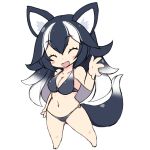  1girl animal_ears ass_visible_through_thighs bare_shoulders barefoot black_hair blush_stickers breasts chibi cleavage closed_eyes collarbone eyebrows_visible_through_hair fur_collar grey_wolf_(kemono_friends) higetora_(higeusagi346) kemono_friends large_breasts long_hair multicolored_hair navel simple_background smile solo swimsuit tail two-tone_hair white_background white_hair wolf_ears wolf_tail 