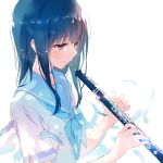  1girl blue_hair blue_neckwear blue_sailor_collar blush crying crying_with_eyes_open feathers hibike!_euphonium instrument kitauji_high_school_uniform liz_to_aoi_tori long_hair motoyon music neckerchief oboe playing_instrument red_eyes sailor_collar school_uniform serafuku shirt short_sleeves solo tears uniform white_background white_shirt yoroizuka_mizore 