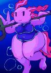  absurd_res amphibian axolotl belly blue_background breasts bubble capsut clothing female hi_res melee_weapon mole_salamander one-piece_swimsuit overweight overweight_female polearm salamander_(amphibian) simple_background solo swimwear thick_thighs trident underwater water weapon 