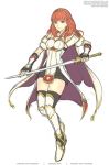  1girl breasts cape celica_(fire_emblem) fire_emblem fire_emblem_echoes:_shadows_of_valentia fire_emblem_heroes gofelem headband holding holding_sword holding_weapon looking_at_viewer red_eyes red_hair skindentation small_breasts solo sword thighhighs weapon white_background 
