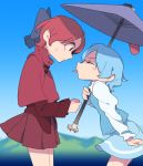  2girls blue_bow blue_eyes blue_sky blue_vest bow cape closed_eyes cowboy_shot day from_side holding holding_umbrella koukou_(climacool) leaning_forward long_sleeves looking_at_another miniskirt mountainous_horizon multiple_girls outdoors pleated_skirt purple_umbrella red_eyes red_hair red_shirt red_skirt sekibanki shirt short_hair skirt sky tatara_kogasa tongue tongue_out touhou umbrella vest white_shirt 