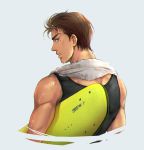  1boy biceps black_eyes black_tank_top brown_hair cropped_torso dripping from_behind grey_background holding holding_surfboard looking_at_viewer looking_back maki_shin&#039;ichi male_focus mole mole_under_eye moonjjj muscle parted_lips short_hair simple_background slam_dunk solo surfboard tan tank_top towel towel_around_neck upper_body wet wet_hair white_towel 