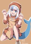  1girl artist_name bachunawa beige_background blue_eyes claw_pose dated dinosaur_costume english_commentary gawr_gura halloween halloween_costume highres hololive hololive_english open_mouth sharp_teeth solo teeth virtual_youtuber white_hair 