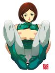  boots breasts brown_hair cameltoe emma_sheen green_eyes green_footwear gundam inverted_nipples large_breasts nipples open_clothes open_shirt pantyhose shirt solo sonobe_kazuaki spread_pussy_under_clothes tongue uniform white_legwear zeta_gundam 