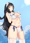  1girl absurdres black_hair blue_sky breast_hold breasts cleavage closed_mouth flower from_below girls_frontline hair_flower hair_ornament hairband highres hsubo long_hair looking_at_viewer medium_breasts navel qbz-95_(girls_frontline) simple_background sky smile solo standing swimsuit thighhighs white_legwear white_swimsuit yellow_eyes 