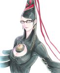  1girl a_ichiro bayonetta bayonetta_(character) black-framed_eyewear black_hair blue_eyes breasts cleavage cleavage_cutout clothing_cutout collarbone covered_collarbone earrings glasses jewelry long_hair mole mole_under_mouth pink_lips simple_background solo white_background zipper zipper_pull_tab 