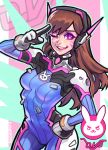  1girl animal_print aqua_outline armor artist_name bangs blue_bodysuit bodysuit breasts bright_pupils brown_hair bunny_print character_name commentary commission cowboy_shot d.va_(overwatch) english_commentary facepaint facial_mark gloves grin headphones lips logo long_hair looking_at_viewer medium_breasts one_eye_closed overwatch pilot_suit pink_background pink_eyes pink_lips purple_eyes ribbed_bodysuit rowen_montera salute shoulder_armor signature skin_tight smile solo standing striped striped_background swept_bangs turtleneck whisker_markings white_gloves 