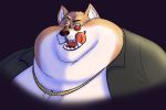  akita akita_inu anthro black_clothing black_nose black_shirt black_topwear brown_body brown_fur bust_portrait canid canine canis clothing collared_shirt dewlap_(anatomy) domestic_dog double_chin eyebrows eyewear fangs fatso_jones fur glasses gold_necklace hi_res licking licking_lips male mammal morbidly_obese morbidly_obese_anthro morbidly_obese_male multicolored_body multicolored_fur obese obese_anthro obese_male overweight overweight_anthro overweight_male pink_tongue portrait raised_eyebrow shirt solo spitz thebluebear27 tongue tongue_out topwear two_tone_body two_tone_fur were werecanid werecanine weredog werewolf white_body white_fur 