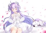  1girl ahoge azur_lane bangs bare_shoulders blush bow closed_eyes closed_mouth detached_sleeves double_bun dress eyebrows_visible_through_hair facing_viewer feet_out_of_frame flower hair_ribbon hands_clasped hands_up kuaua long_sleeves own_hands_together petals purple_bow purple_hair ribbon short_over_long_sleeves short_sleeves simple_background sitting sleeveless sleeveless_dress sleeves_past_wrists smile solo stuffed_alicorn stuffed_animal stuffed_toy two_side_up unicorn_(azur_lane) white_background white_dress white_flower white_ribbon white_sleeves wide_sleeves 