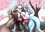  anthro arm_around_neck big_breasts big_tail blue_body blue_eyes blue_fur blue_hair breasts canid canine canis cherry_blossom chest_tuft cleavage clothed clothing duo eyebrow_through_hair eyebrows female forest fur fur_coat gesture hair hand_on_hip huge_breasts loincloth long_hair long_tail looking_at_viewer mammal plant pose robotic_arm short_hair standing thong topwear toughset translucent translucent_hair tree tube_top tuft underwear v_sign white_body white_fur white_hair wolf 