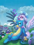  2019 avian beak blue_body blue_eyes blue_feathers blue_hair catscratchpaper city day duo european_mythology eyelashes feathers female feral friendship_is_magic gallus_(mlp) greek_mythology gryphon hair half-closed_eyes hasbro hi_res hippogriff hug leaning lidded_eyes male musical_note my_little_pony mythological_avian mythology narrowed_eyes open_mouth pink_body pink_feathers silverstream_(mlp) singing smile tan_body tan_feathers wings 
