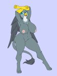  anthro anthrofied avian big_breasts breasts chest_tuft female friendship_is_magic gabby_(mlp) genitals grey_body gryphon hasbro hi_res huge_breasts lurking_tyger my_little_pony mythological_avian mythology nipples nude purple_background pussy simple_background solo tuft 
