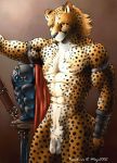  anthro balls cheetah felid feline foreskin fur genitals hair hi_res humanoid_genitalia humanoid_penis karabiner male mammal nipples nude pantherine penis pinup pose simple_background smile solo uncut 