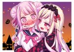  2girls bat blonde_hair blush character_request double_bun dress fang frilled_dress frills hair_ribbon halloween headband himehina_channel multiple_girls pink_eyes pink_hair pumpkin red_eyes ribbon school_uniform vampire 