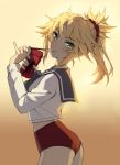  1girl :&gt; absurdres ass bangs blonde_hair blush braid check_commentary commentary commentary_request eating eyebrows_visible_through_hair fate/apocrypha fate_(series) food food_in_mouth from_side green_eyes hair_ornament hair_scrunchie highres holding holding_food long_sleeves looking_at_viewer medium_hair mordred_(fate) mordred_(fate)_(all) pocky pocky_day ponytail red_scrunchie red_shorts school_uniform scrunchie shorts simple_background smile solo tonee two-tone_background 