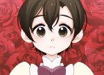  1girl androgynous bow brown_eyes brown_hair floral_background flower fujioka_haruhi loggi looking_at_viewer ouran_high_school_host_club portrait red_background red_flower red_rose rose short_hair solo 