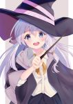  1girl absurdres black_robe blue_eyes blush elaina_(majo_no_tabitabi) file112056 hair_tubes hat highres majo_no_tabitabi neck_ribbon open_clothes open_mouth ribbon robe simple_background smile solo upper_teeth wand witch witch_hat yellow_ribbon 