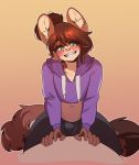 anthro asymmetrical_hair blush brown_hair bulge clothing crop_top felid feline first_person_view fluffy fluffy_tail girly green_eyes hair hair_bun hoodie inner_ear_fluff lazysnout makeup male mammal serval shirt simple_background smile solo spots topwear tuft wide_hips 