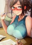  1girl bare_shoulders bed blush book breast_rest breasts brown_hair closed_mouth curtains eraser glasses green_eyes indoors large_breasts looking_at_viewer mechanical_pencil notebook original pencil red-framed_eyewear ribbed_shirt sakumichi semi-rimless_eyewear shirt sidelocks sleeveless sleeveless_shirt smile studying sweatdrop table tutor wavy_mouth window 