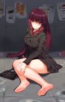  1girl absurdres bag bangs barefoot black_jacket breasts buttons fate/grand_order fate_(series) feet handbag heroic_spirit_traveling_outfit highres jacket large_breasts legs long_hair long_sleeves looking_at_viewer ninainaidesss no_shoes parted_lips purple_hair red_eyes scathach_(fate)_(all) scathach_(fate/grand_order) sitting soles toes 
