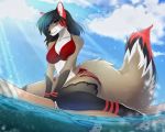  2020 4_toes amur anthro black_hair breasts canid canine day detailed_background digital_media_(artwork) eyebrows eyelashes female fingers fox hair keira_(baxwolf75) mammal outside partially_submerged red_eyes sky smile solo toes 