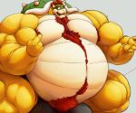  4_fingers animal_humanoid anthro armpit_hair belly big_belly big_bulge big_muscles bodily_fluids body_hair bowser bulge croconut fingers gesture hair hi_res horn huge_bulge huge_muscles humanoid hyper hyper_belly hyper_bulge hyper_muscles itzcharlie kosmonius male mario_bros muscular necktie nintendo open_mouth pointing red_hair scalie scalie_humanoid shell solo spiked_shell spikes spikes_(anatomy) sweat video_games 