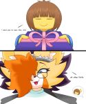  absurd_res anthro canid canine comic dialogue duo female fox gift hair hair_over_eye hi_res human jhenightfox mammal one_eye_obstructed protagonist_(undertale) undertale video_games yellow_body 