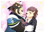  2020 anthro belly blush brown_body brown_fur canid canine canis clothing dog_operator domestic_dog duo eyes_closed food fur hi_res hug humanoid_hands kemono live-a-hero male male/male mammal necktie nisikemo pocky pocky_day protagonist_(live-a-hero) raccoon_dog shirt shoen slightly_chubby tanuki topwear video_games 