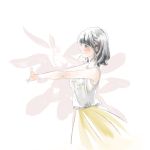  1girl black_hair blush cu_al hands_up highres kayano_ai pink_ribbon profile real_life ribbon seiyuu shirt skirt sleeveless solo standing white_background white_shirt yellow_skirt 