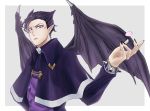  1boy black_nails bracelet capelet demon_wings grey_background highres jewelry kalego_naberius long_sleeves looking_at_viewer mairimashita!_iruma-kun male_focus natume60309 petals pointy_ears purple_eyes simple_background solo spiked_bracelet spiked_hair spikes upper_body wings 