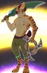  abs absurd_res anthro bottomwear briznaburr bulge clothed clothing eyes felid fingers hi_res hybrid male mammal melee_weapon muscular nipples pantherine pants paws solo stripes sword tiberius_(paladins) tigon topless weapon 