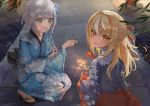  2girls alternate_hairstyle blonde_hair blurry_foreground bow breasts brown_eyes dark_skin elf evening fireworks floral_print from_behind gloves green_eyes grin hair_bow hair_up high_collar highres hololive japanese_clothes kimono large_breasts leaf long_hair looking_at_viewer looking_down multicolored_hair multiple_girls onbashira open_mouth path pointy_ears red_bow red_gloves sanada_keisui sandals senkou_hanabi shadow shiranui_flare shirogane_noel smile sparkler squatting stone_path streaked_hair virtual_youtuber wide-eyed wide_sleeves yukata 