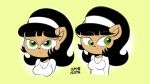  2018 accessory anthro black_hair black_nose breasts clothing domestic_cat duo eyebrows eyelashes felid feline felis female fur fv-draws green_eyes hair headband kitty_katswell looking_aside mammal nickelodeon orange_body orange_fur shirt simple_background smile t.u.f.f._puppy topwear yellow_background 