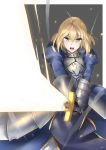  1girl absurdres ahoge armor armored_dress artoria_pendragon_(all) attack blonde_hair blue_dress border bracer braid breastplate brown_background cinders cowboy_shot dress excalibur fate/stay_night fate_(series) french_braid gauntlets glowing glowing_sword glowing_weapon gold_trim green_eyes highres holding holding_sword holding_weapon motion_blur open_mouth saber short_hair_with_long_locks shouting sidelocks simple_background solo sparks sword weapon white_border zaniaii 